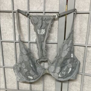 Elegant Gray Lace Bra, 34B.